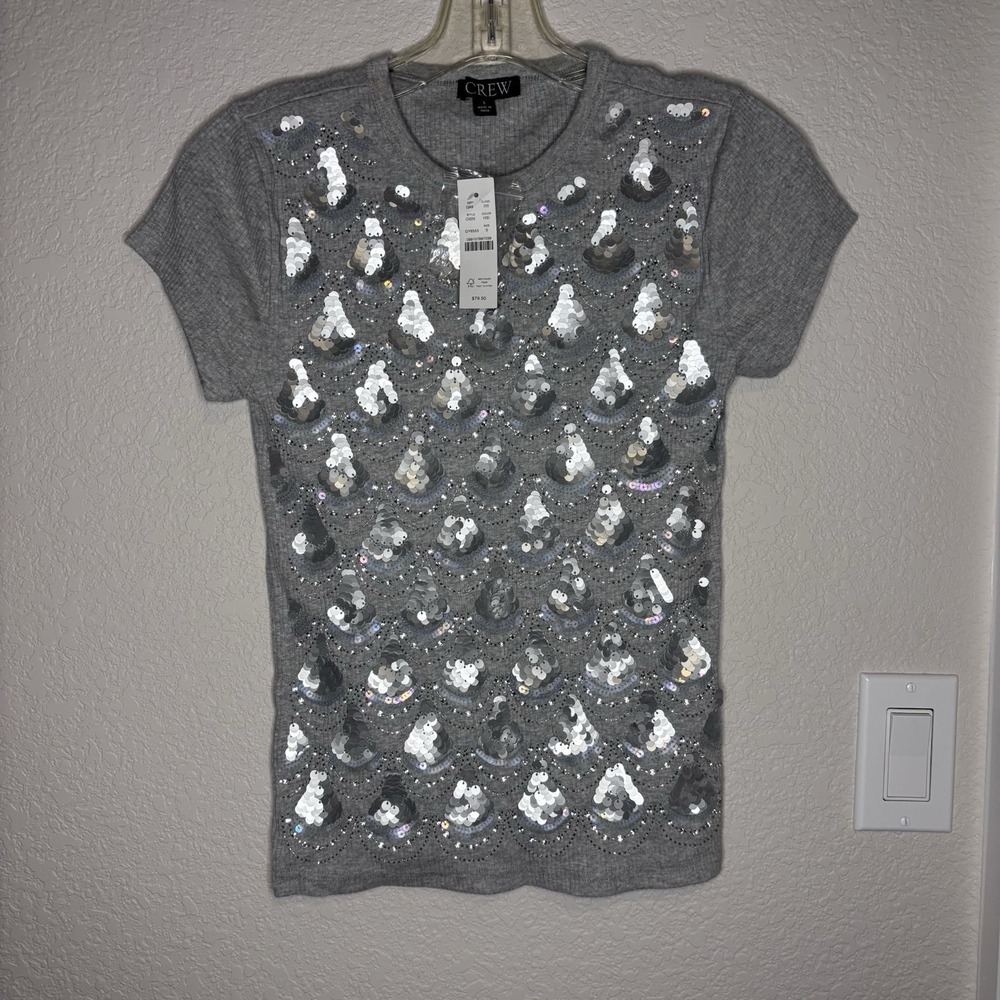 J Crew Collection Short-Sleeve Sequin Sweater Gray W/ Silver SequinNWT Sz Sm